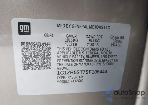 2025 Chevrolet Malibu Fwd Ls из США, поврежденный, VIN 1G1ZB5ST7SF106444